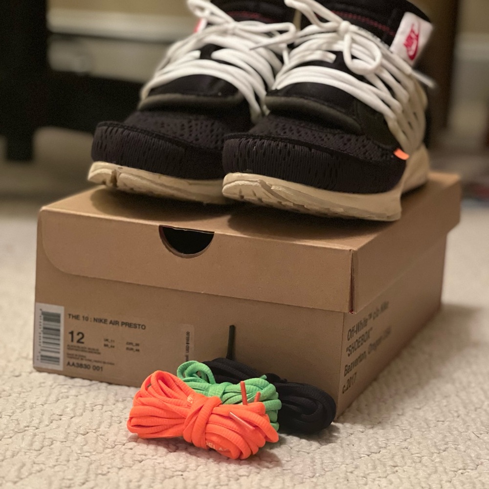 Off-White X Nike Air Presto Black Sneakers with Orange, Black and Green Laces